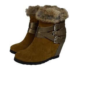 Ukies Boots Women 7.5 Brown Suede Strappy Wedge Rabbit Fur Trim Luxury Carrie